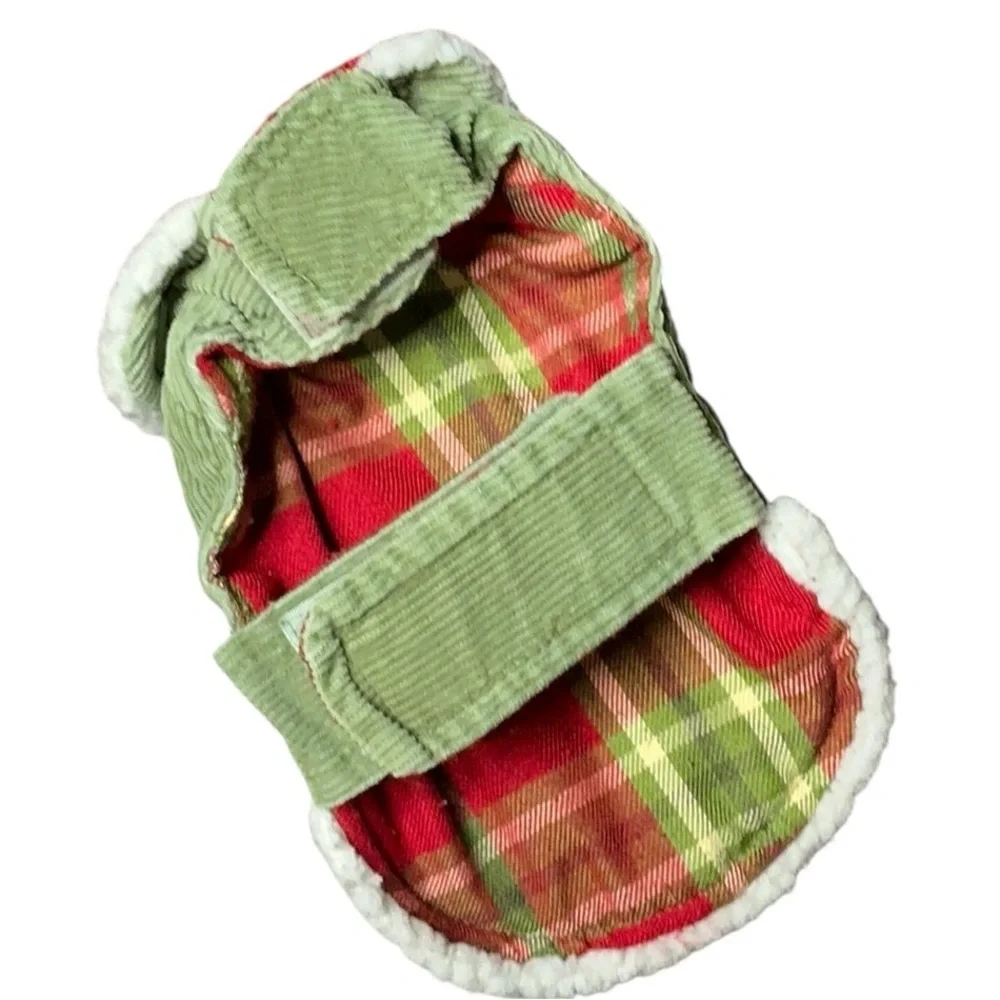 Green Quilted Dog Jacket with Red Plaid Accents